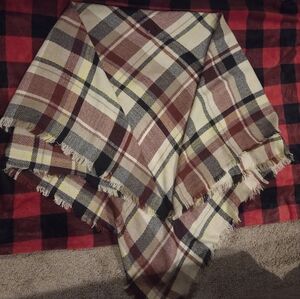 Maurices Plaid Fringe Shawl Burgandy, Tan, Black, & Yellow